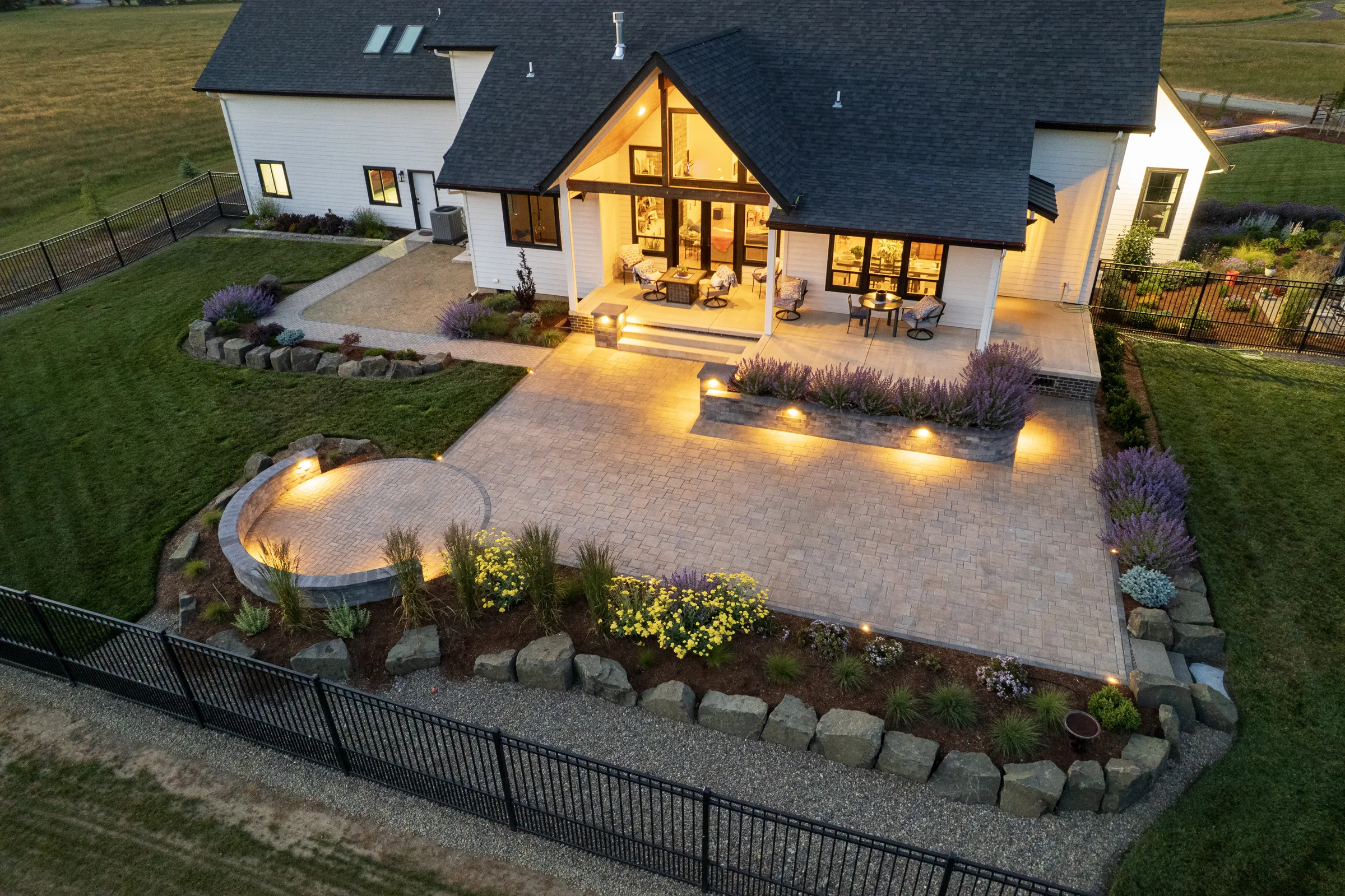 PATIO · DUSK · LANDSCAPE LIGHTING · OVERHEAD